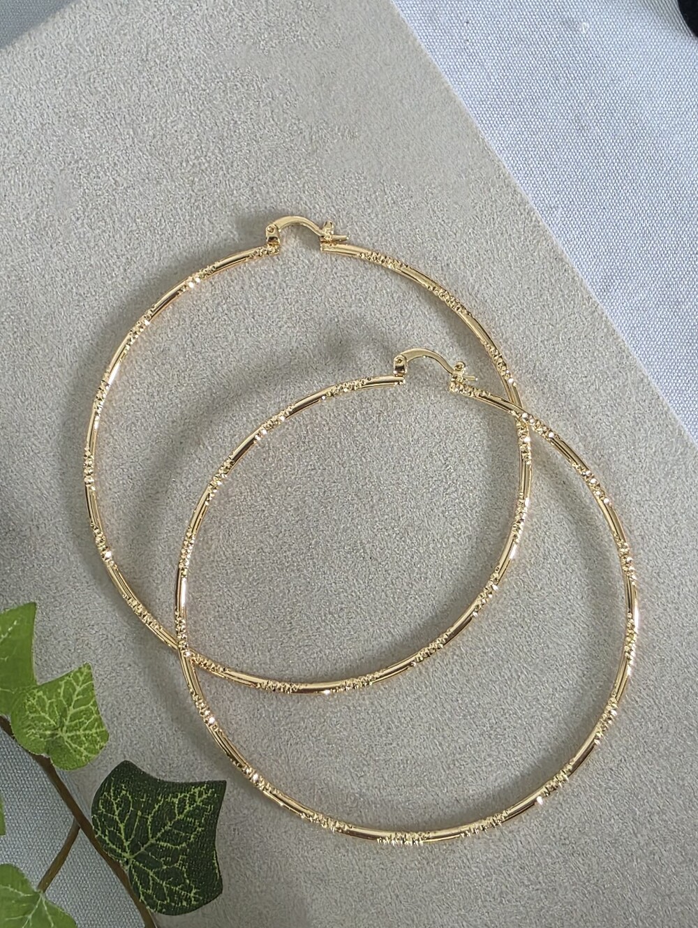 3" Gold Filled Diamond Cut Design Thin Hoop Earrings